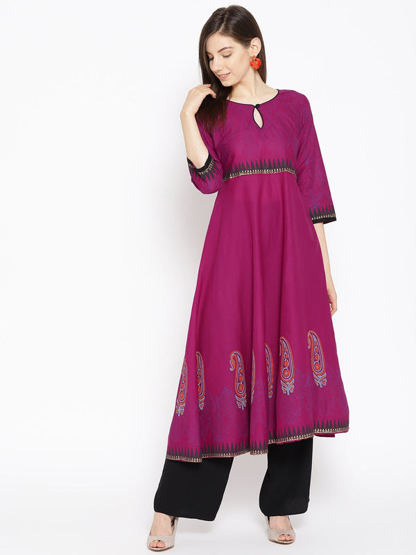 Women's Purple Printed A-Line Kurta - Noz2Toz