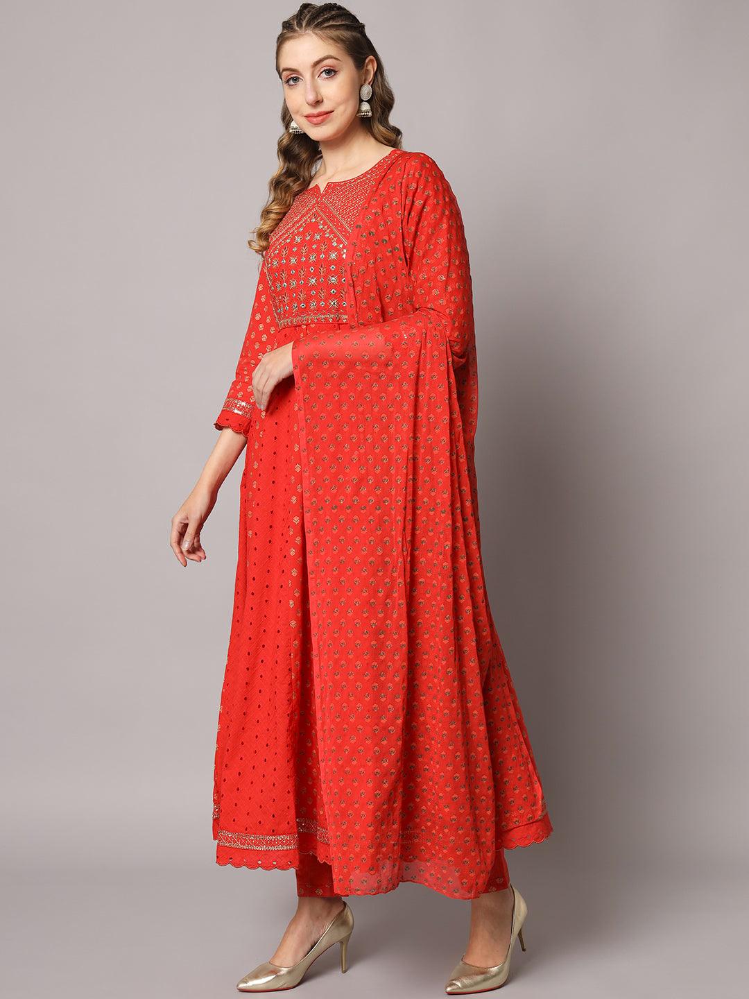 Women's Red Color Floral Embroidered Cotton Calf Length Anarkali Kurta Sets - PREKSHA - Indiakreations