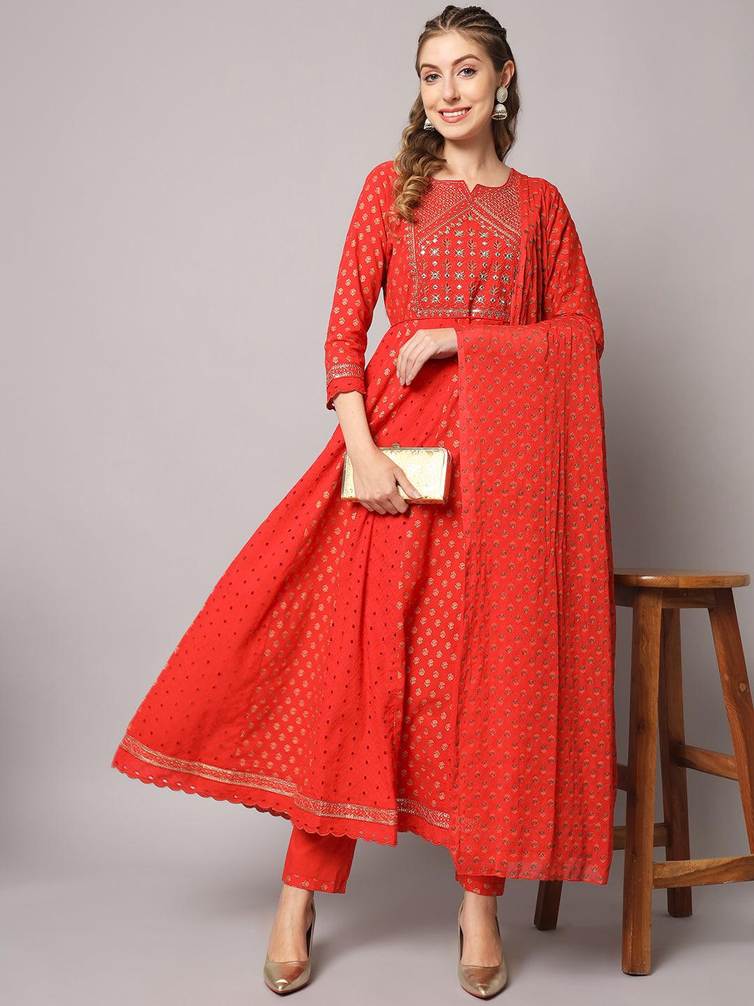 Women's Red Color Floral Embroidered Cotton Calf Length Anarkali Kurta Sets - PREKSHA - Indiakreations