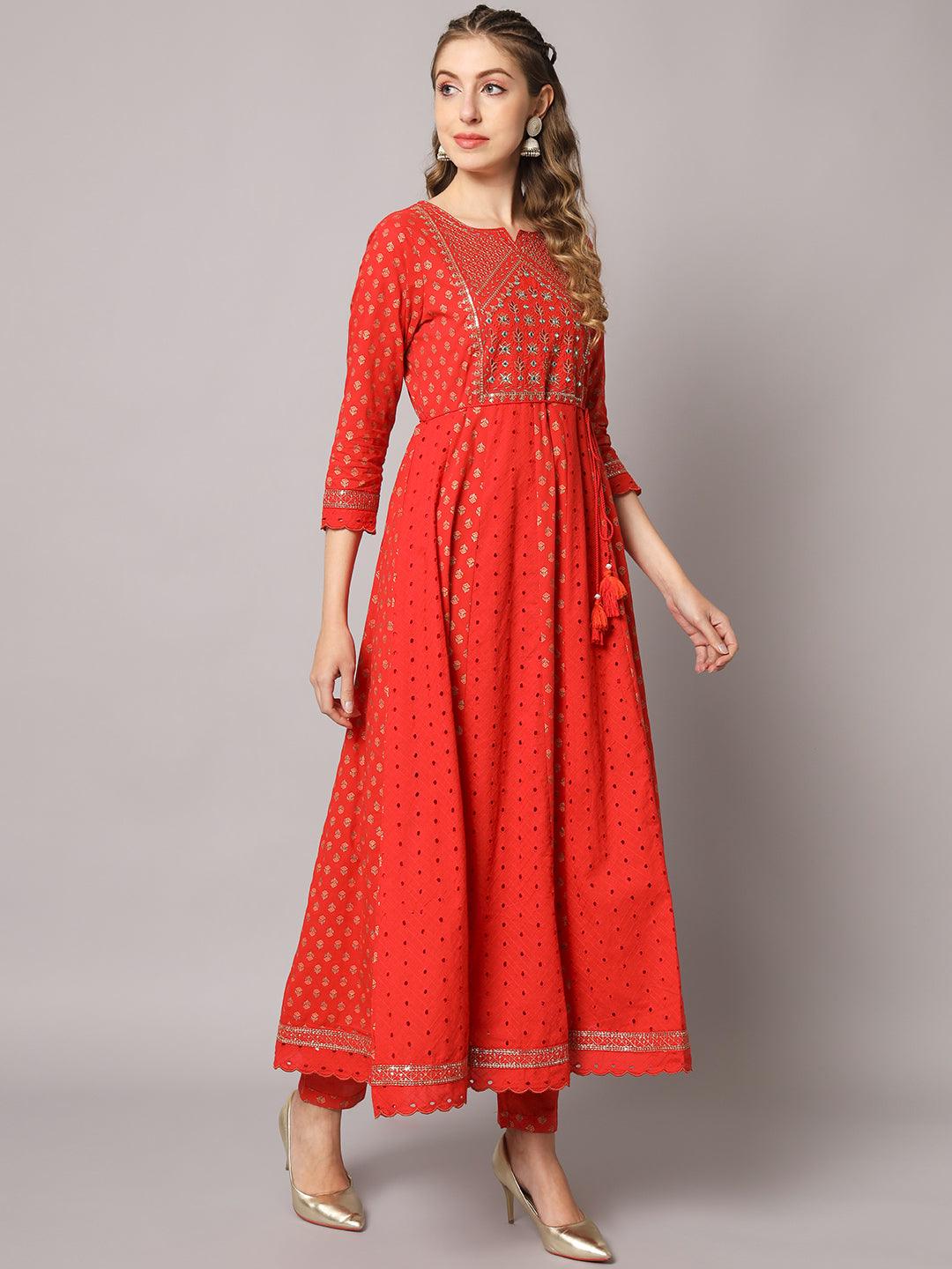 Women's Red Color Floral Embroidered Cotton Calf Length Anarkali Kurta Sets - PREKSHA - Indiakreations