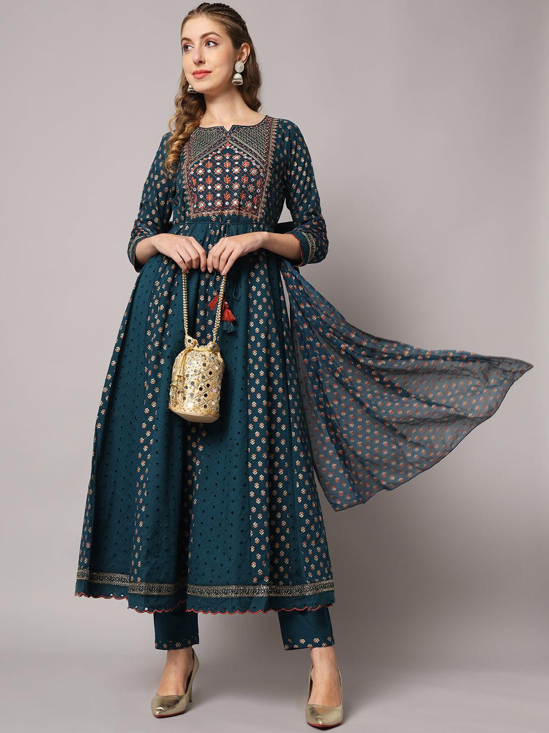 Women's Blue Color Floral Embroidered Cotton Calf Length Anarkali Kurta Sets - PREKSHA - Indiakreations