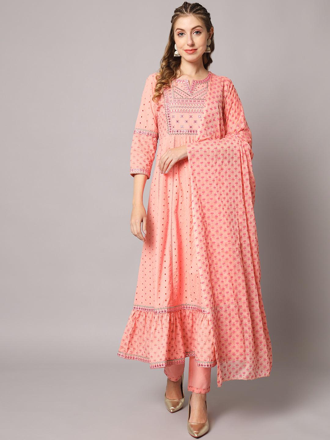 Women's Pink Color Floral Embroidered Cotton Calf Length Anarkali Kurta Sets - PREKSHA - Indiakreations