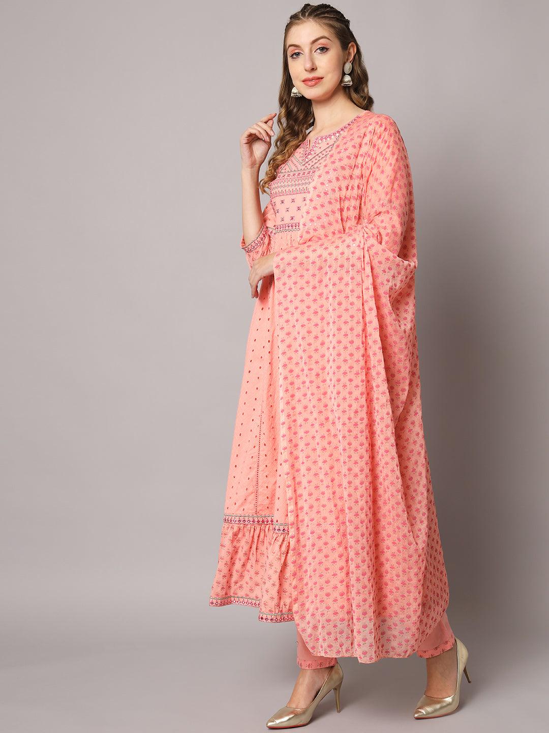 Women's Pink Color Floral Embroidered Cotton Calf Length Anarkali Kurta Sets - PREKSHA - Indiakreations