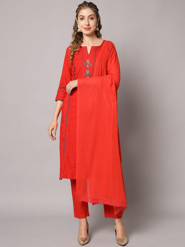 Women's Red Color Solid Schiffli Embroidery Cotton Knee Length Straight Kurta Sets - PREKSHA - Indiakreations