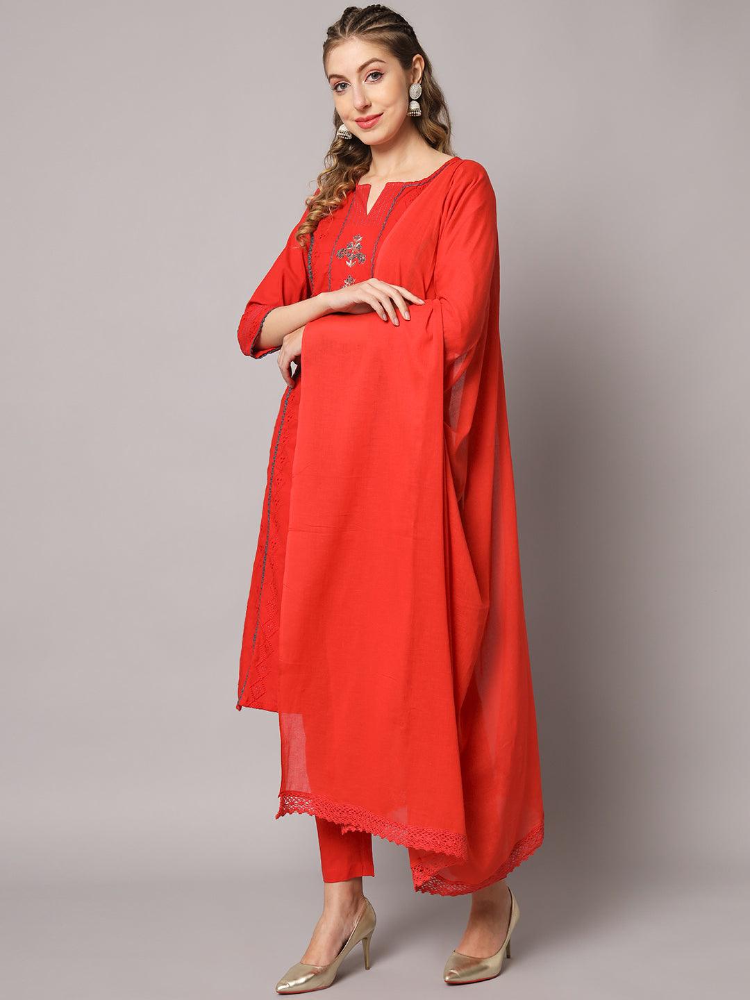 Women's Red Color Solid Schiffli Embroidery Cotton Knee Length Straight Kurta Sets - PREKSHA - Indiakreations