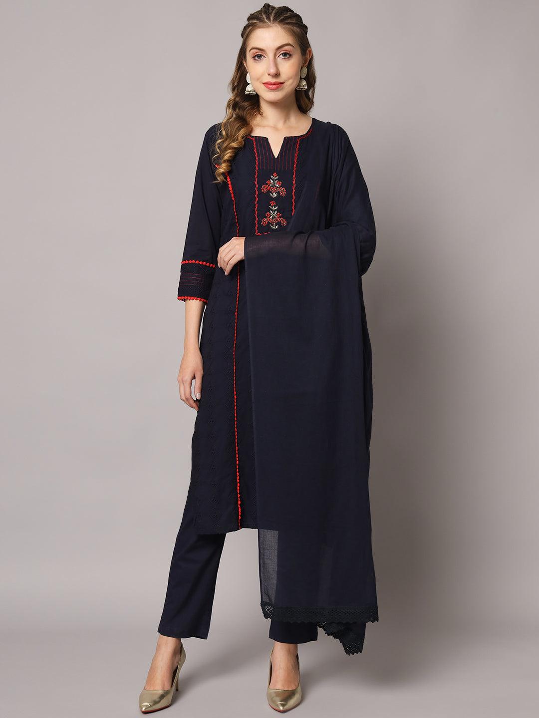 Women's Blue Color Solid Schiffli Embroidery Cotton Knee Length Straight Kurta Sets - PREKSHA - Indiakreations