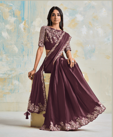 Dazzling Party Wear Embroidered Satin Silk Crepe Saree In Wine - Indiakreations