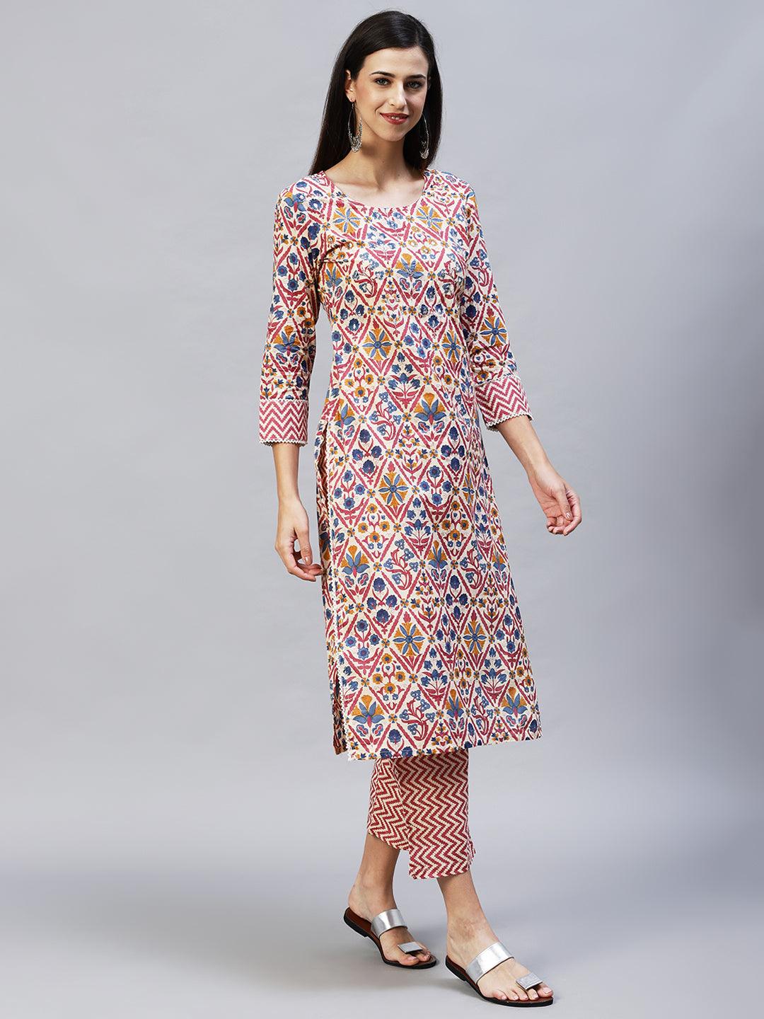 Floral Printed & Embroidered Straight Kurta with Pants - Cream - Indiakreations