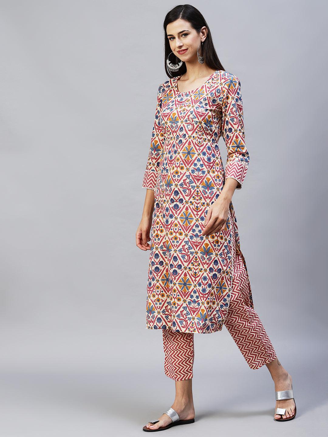 Floral Printed & Embroidered Straight Kurta with Pants - Cream - Indiakreations