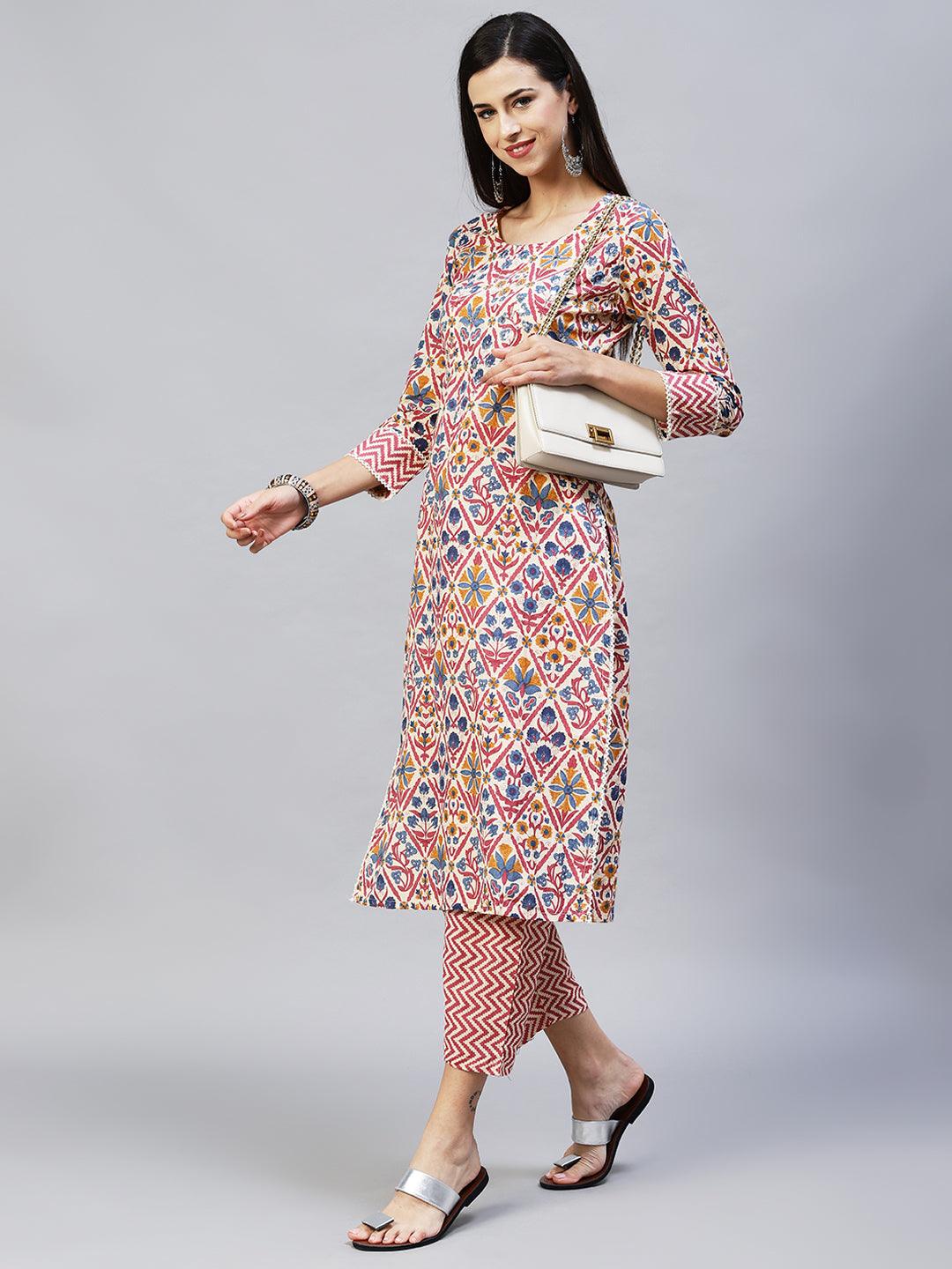 Floral Printed & Embroidered Straight Kurta with Pants - Cream - Indiakreations