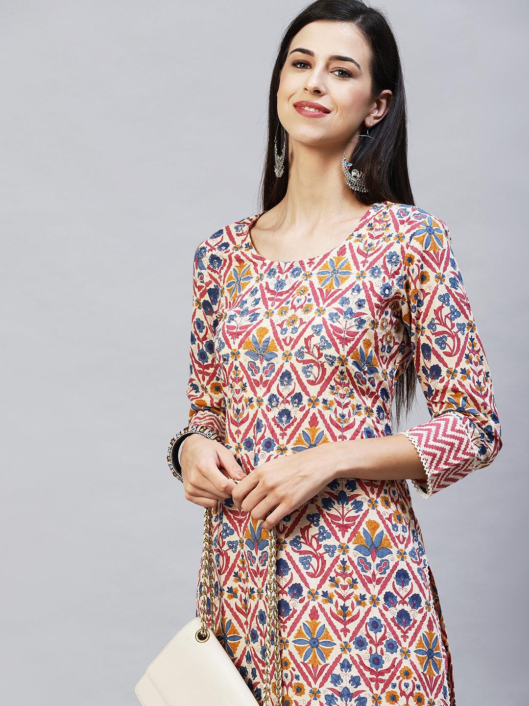 Floral Printed & Embroidered Straight Kurta with Pants - Cream - Indiakreations