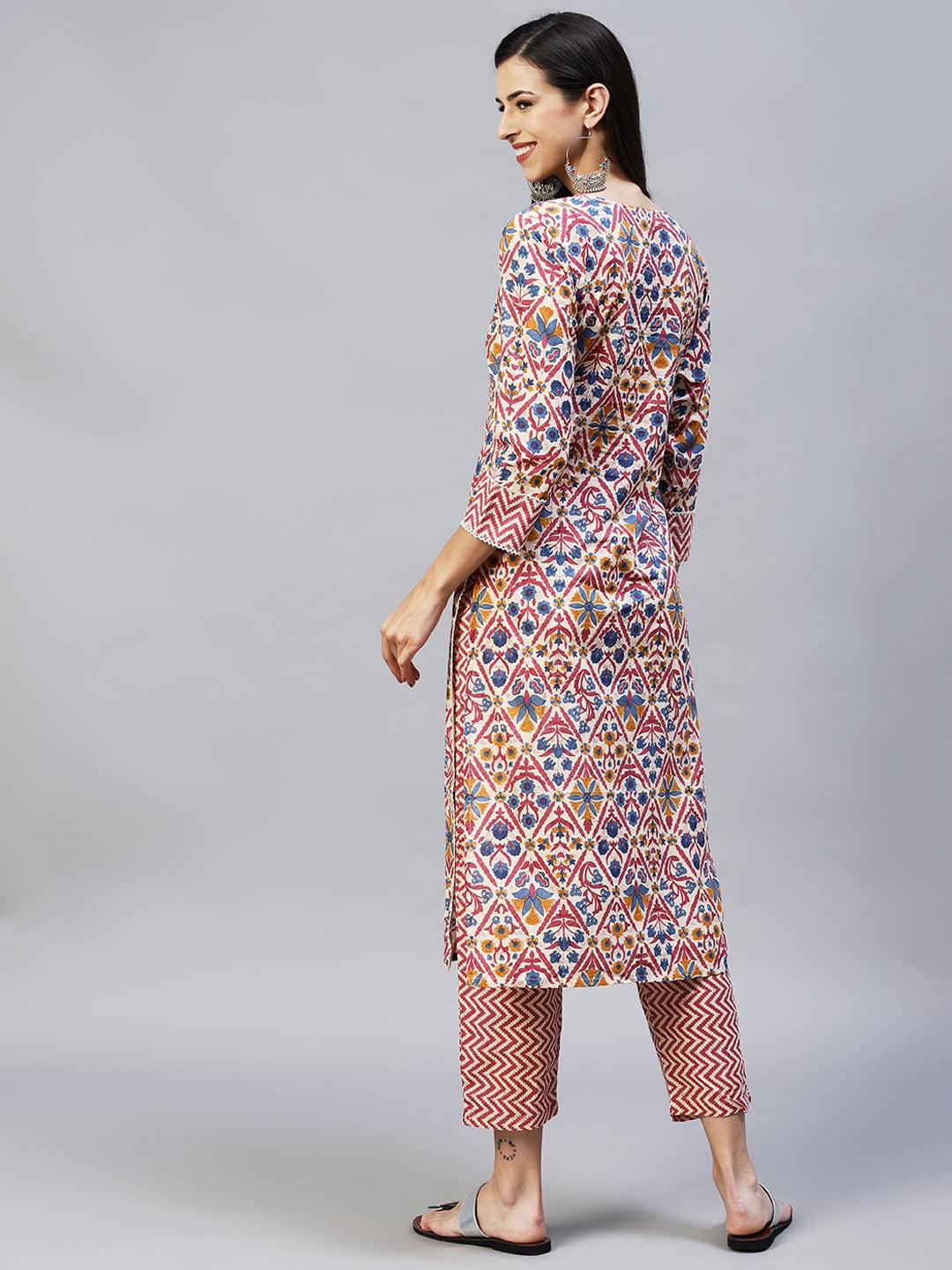 Floral Printed & Embroidered Straight Kurta with Pants - Cream - Indiakreations