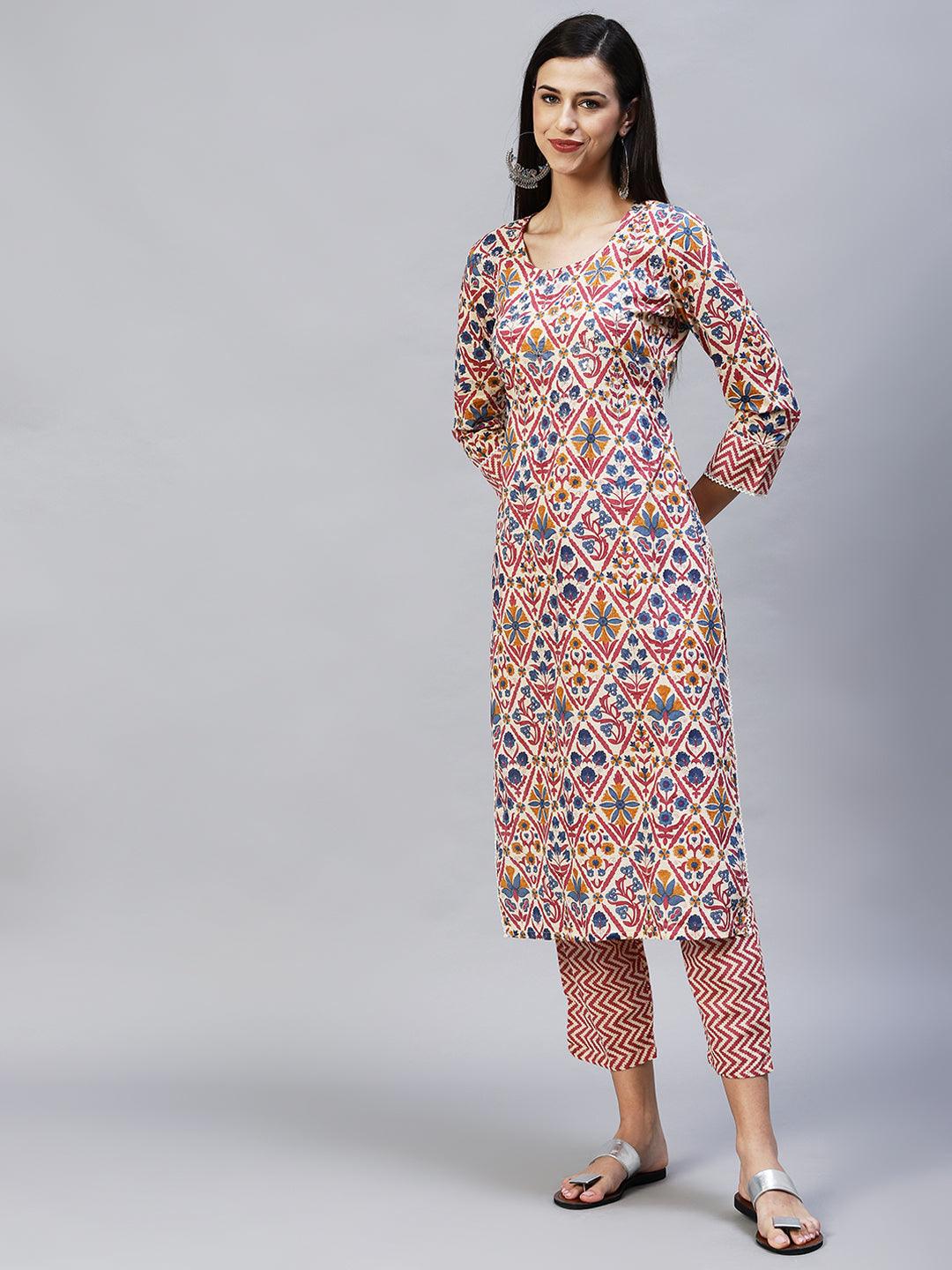 Floral Printed & Embroidered Straight Kurta with Pants - Cream - Indiakreations