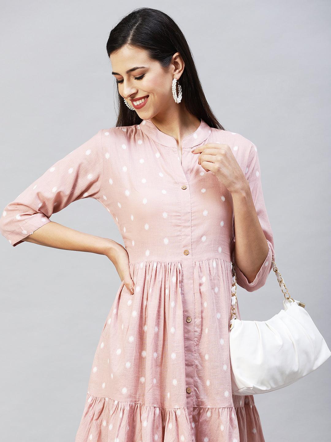 Ethnic Woven Tiered Flared Midi Dress - Dusty Pink - Indiakreations