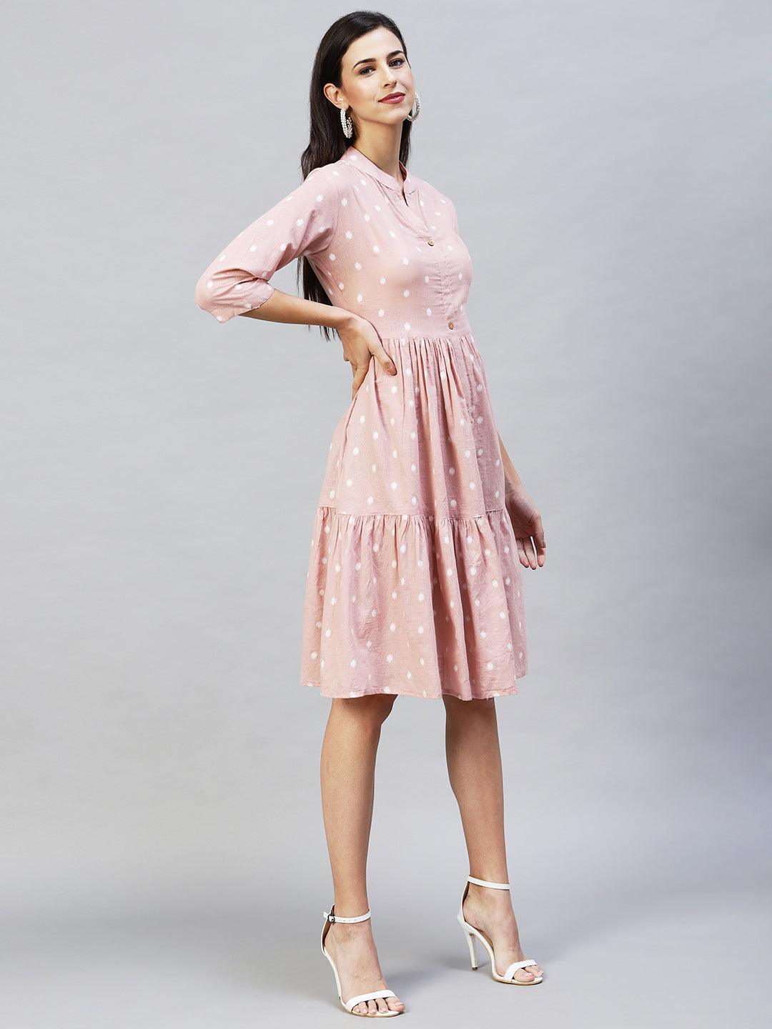 Ethnic Woven Tiered Flared Midi Dress - Dusty Pink - Indiakreations