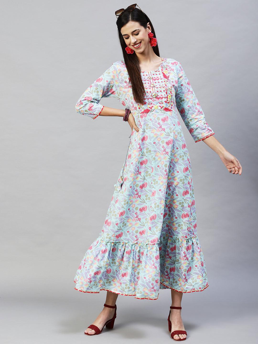 Floral Printed & Embroidered Anarkali Flared Maxi Dress – Light Blue - Indiakreations