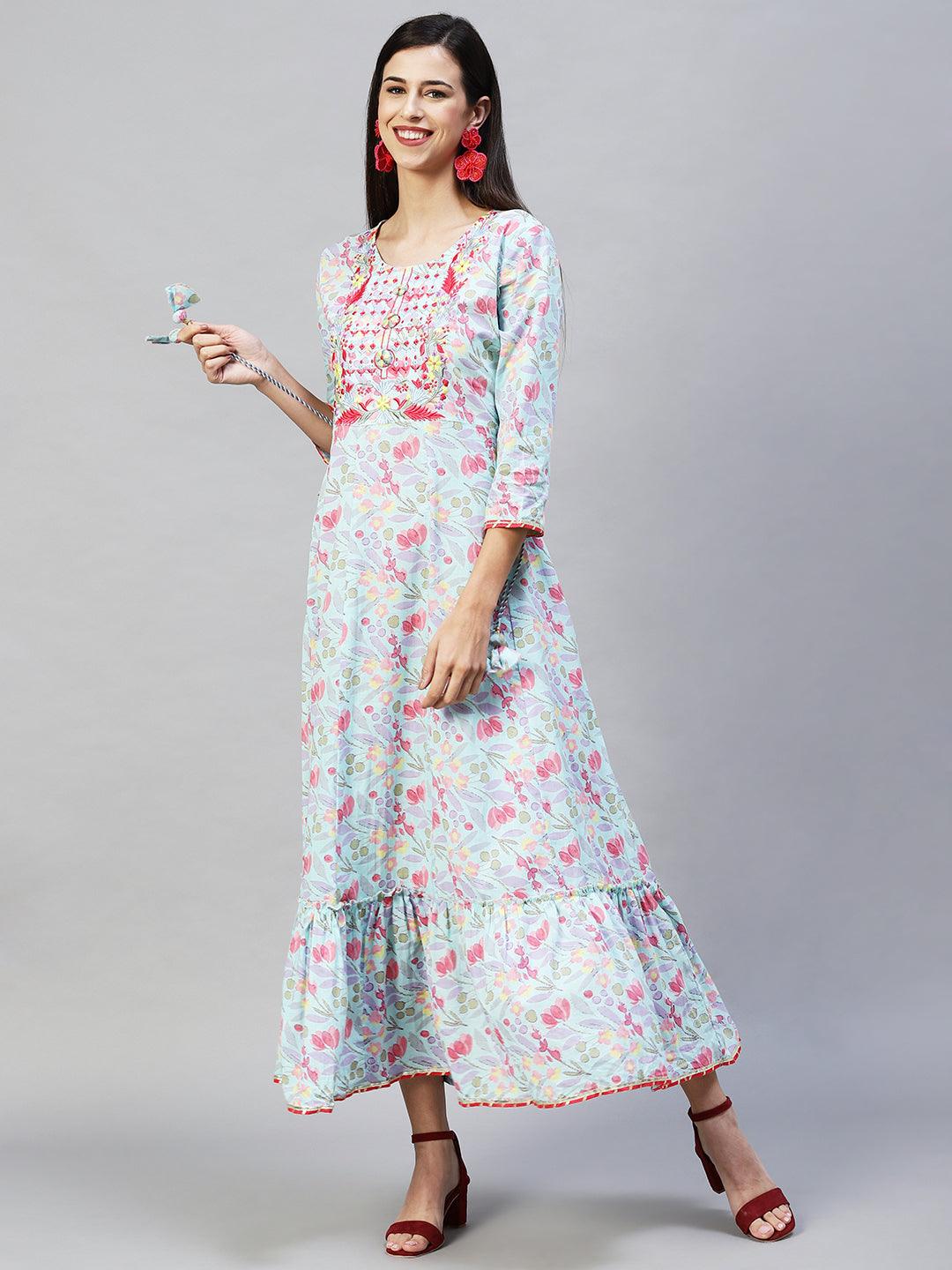 Floral Printed & Embroidered Anarkali Flared Maxi Dress – Light Blue - Indiakreations