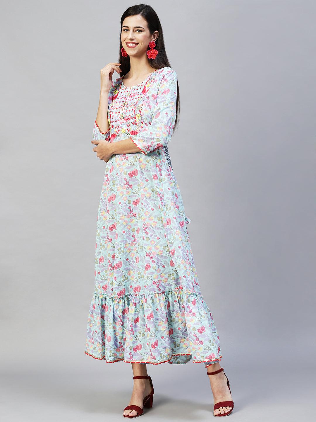 Floral Printed & Embroidered Anarkali Flared Maxi Dress – Light Blue - Indiakreations