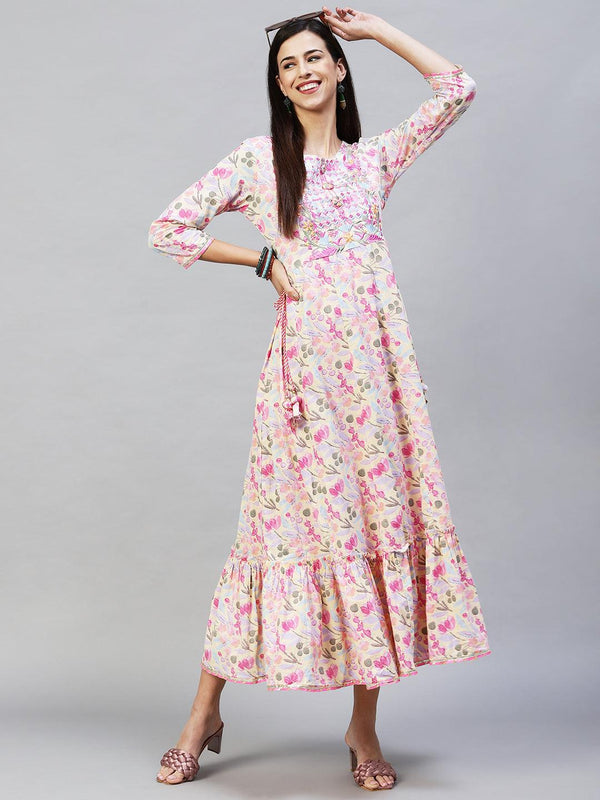 Floral Printed & Embroidered Anarkali Flared Maxi Dress – Pale Yellow - Indiakreations