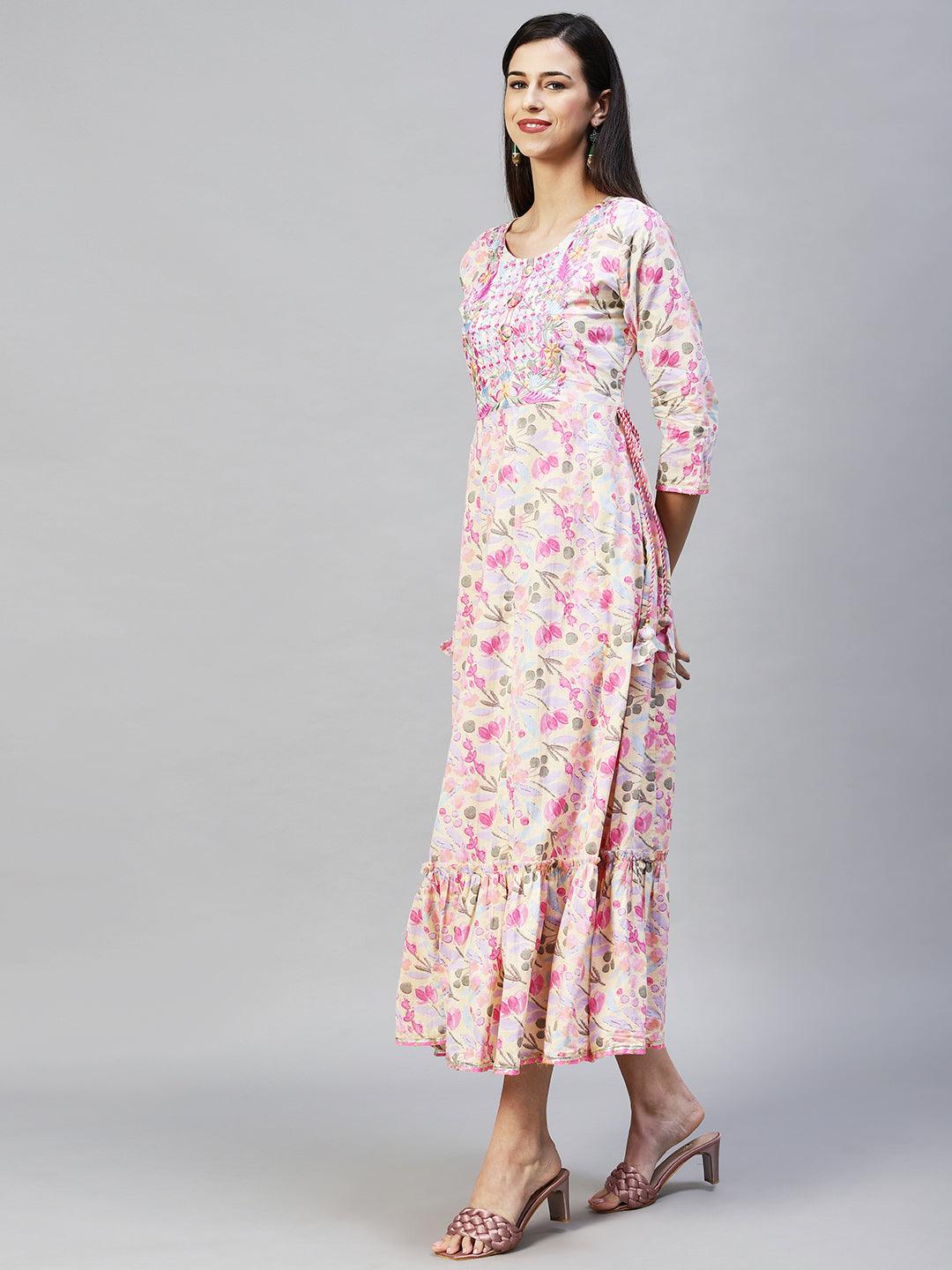 Floral Printed & Embroidered Anarkali Flared Maxi Dress – Pale Yellow - Indiakreations