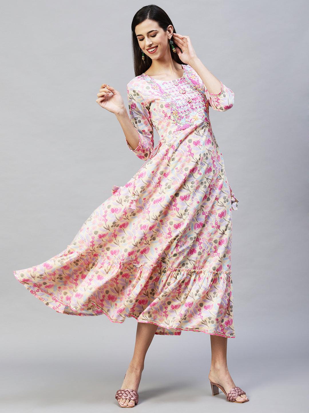 Floral Printed & Embroidered Anarkali Flared Maxi Dress – Pale Yellow - Indiakreations