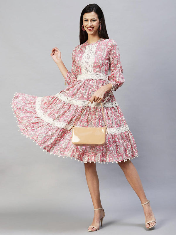 Ethnic Printed Tiered Flared Midi Dress - Pink - Indiakreations