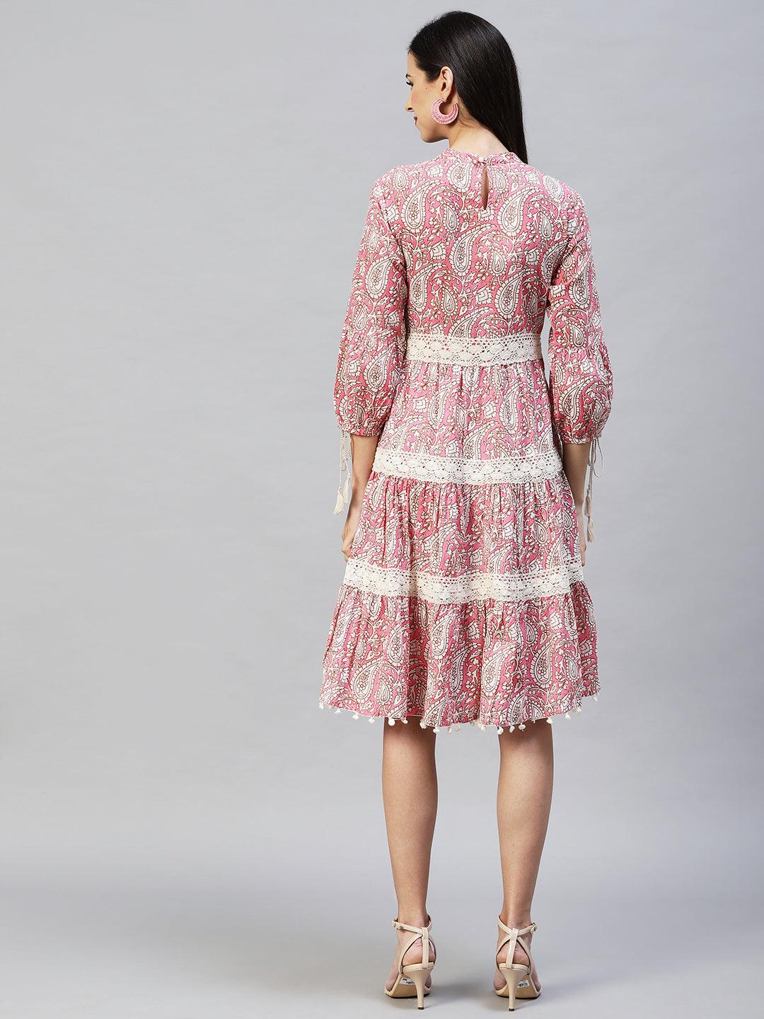 Ethnic Printed Tiered Flared Midi Dress - Pink - Indiakreations