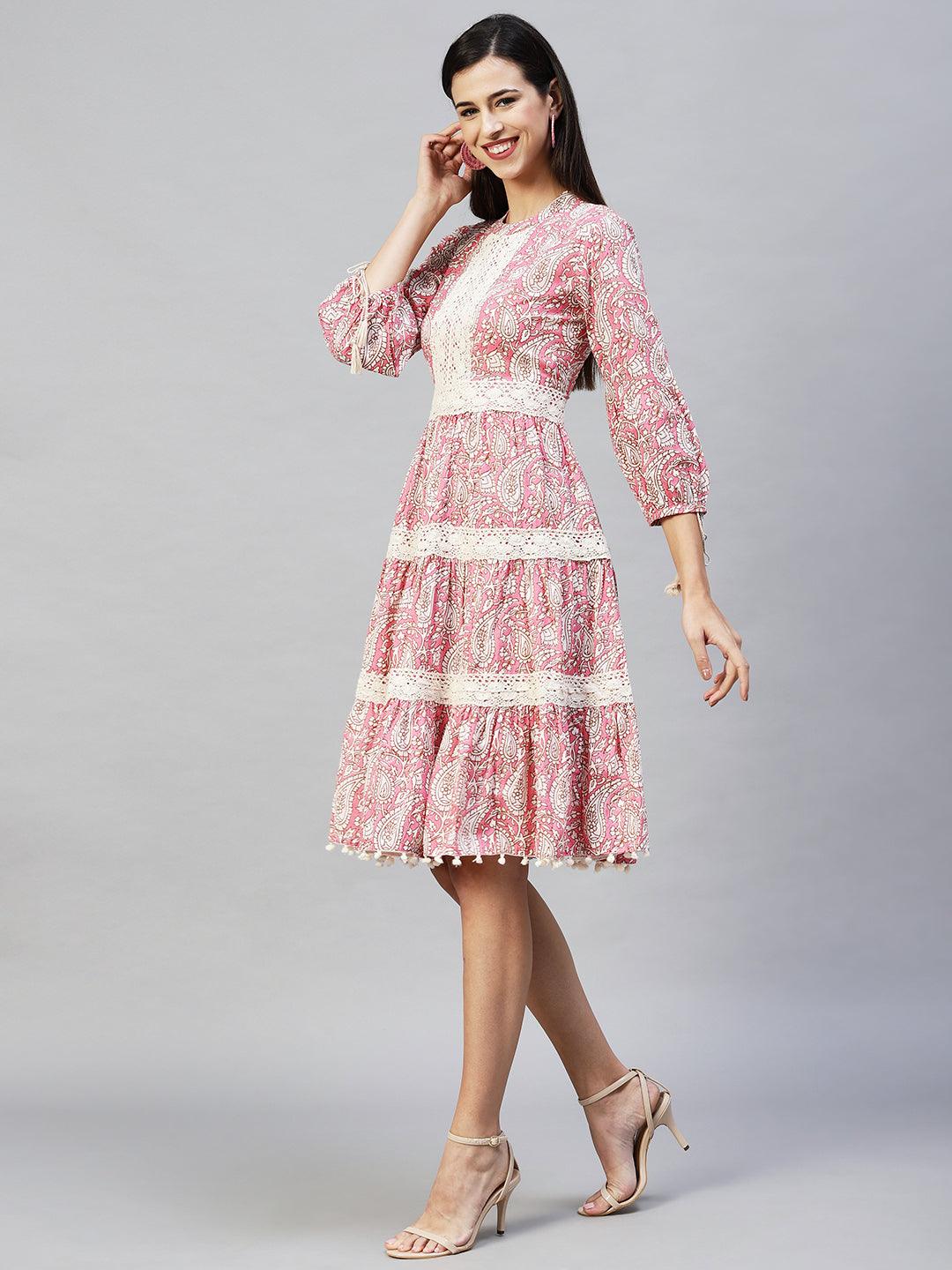 Ethnic Printed Tiered Flared Midi Dress - Pink - Indiakreations