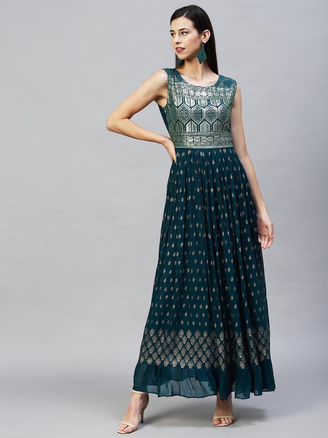 Ethnic Embroidered Flared Maxi Dress - Teal Green - Indiakreations