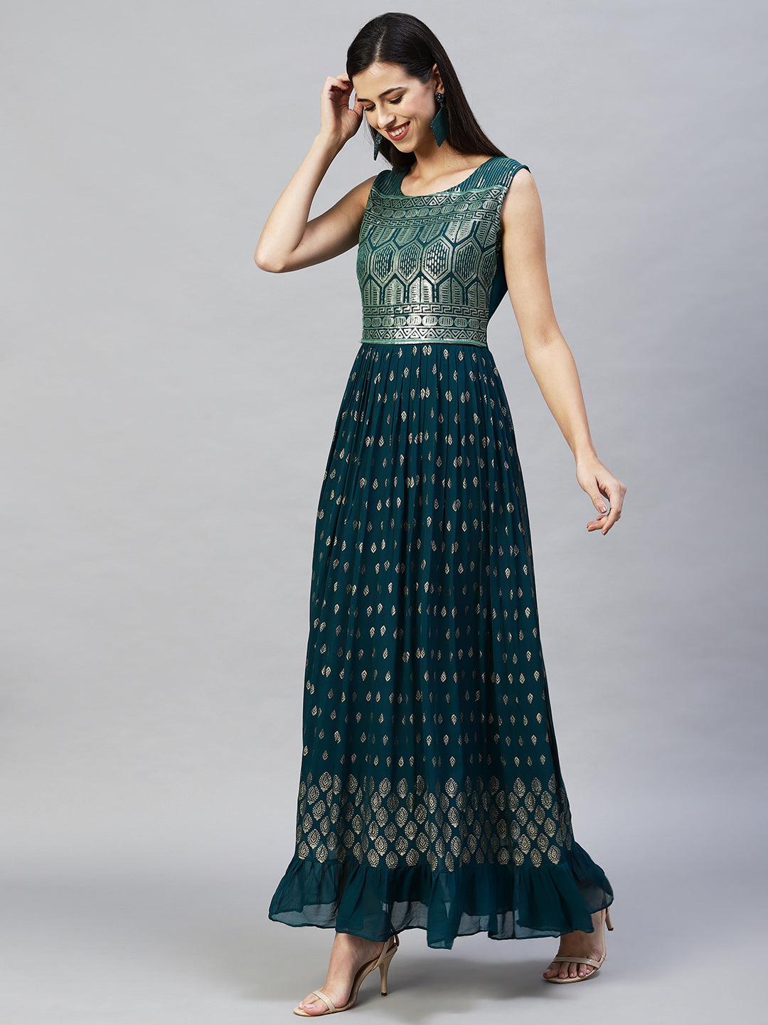 Ethnic Embroidered Flared Maxi Dress - Teal Green - Indiakreations