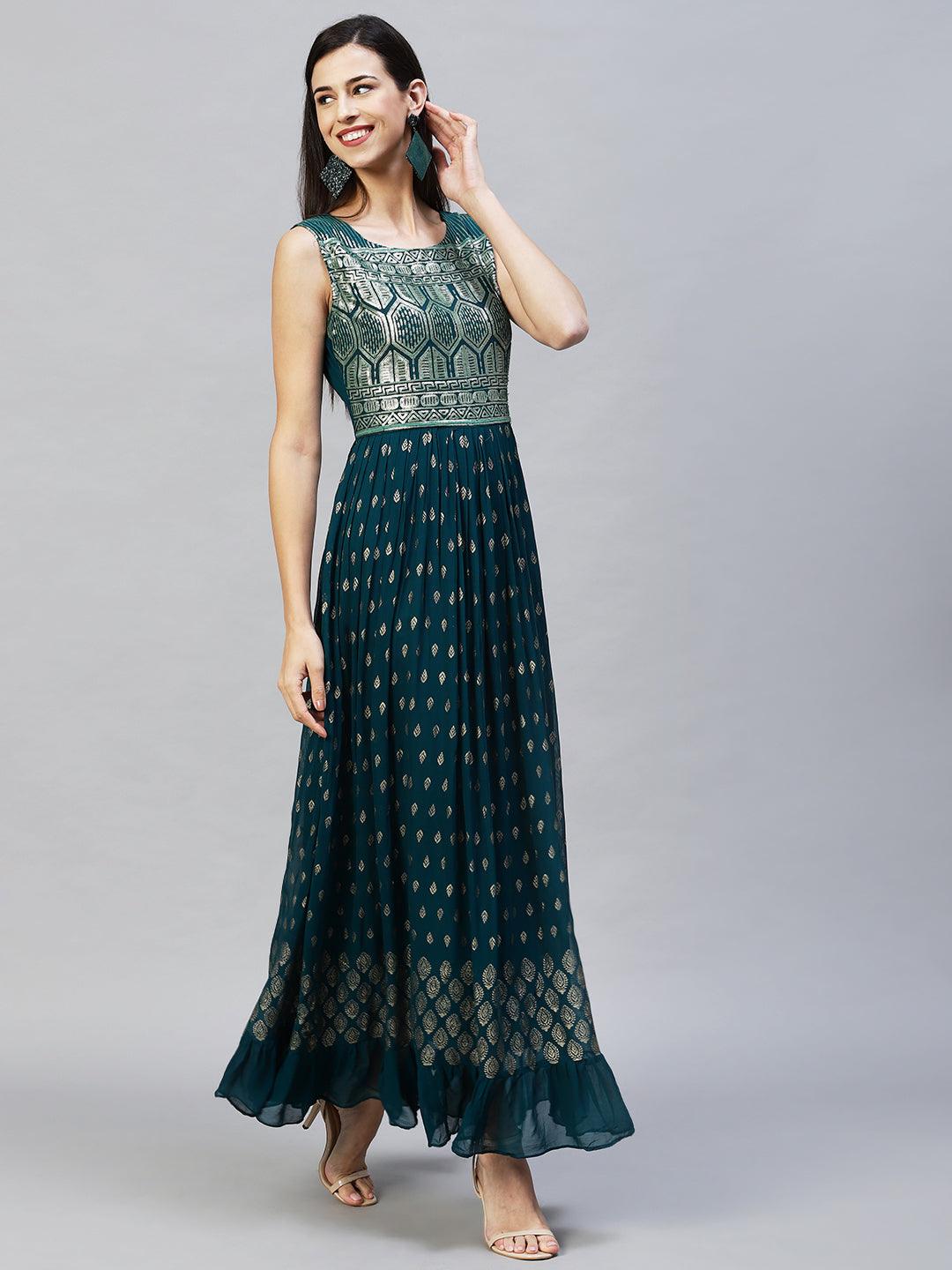 Ethnic Embroidered Flared Maxi Dress - Teal Green - Indiakreations