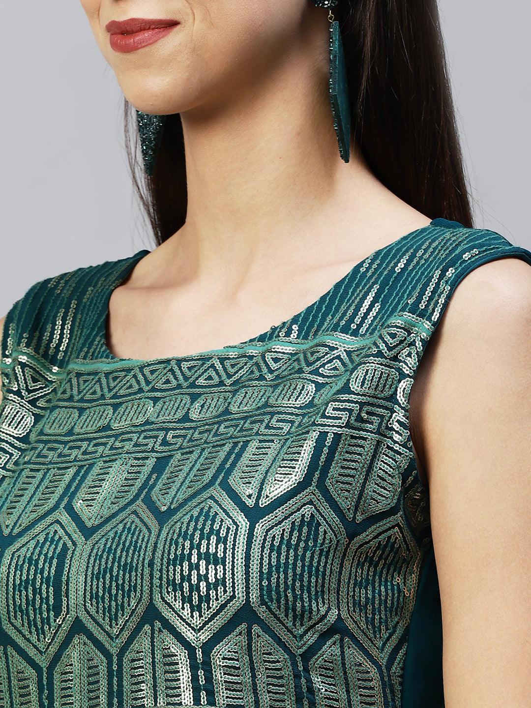 Ethnic Embroidered Flared Maxi Dress - Teal Green - Indiakreations