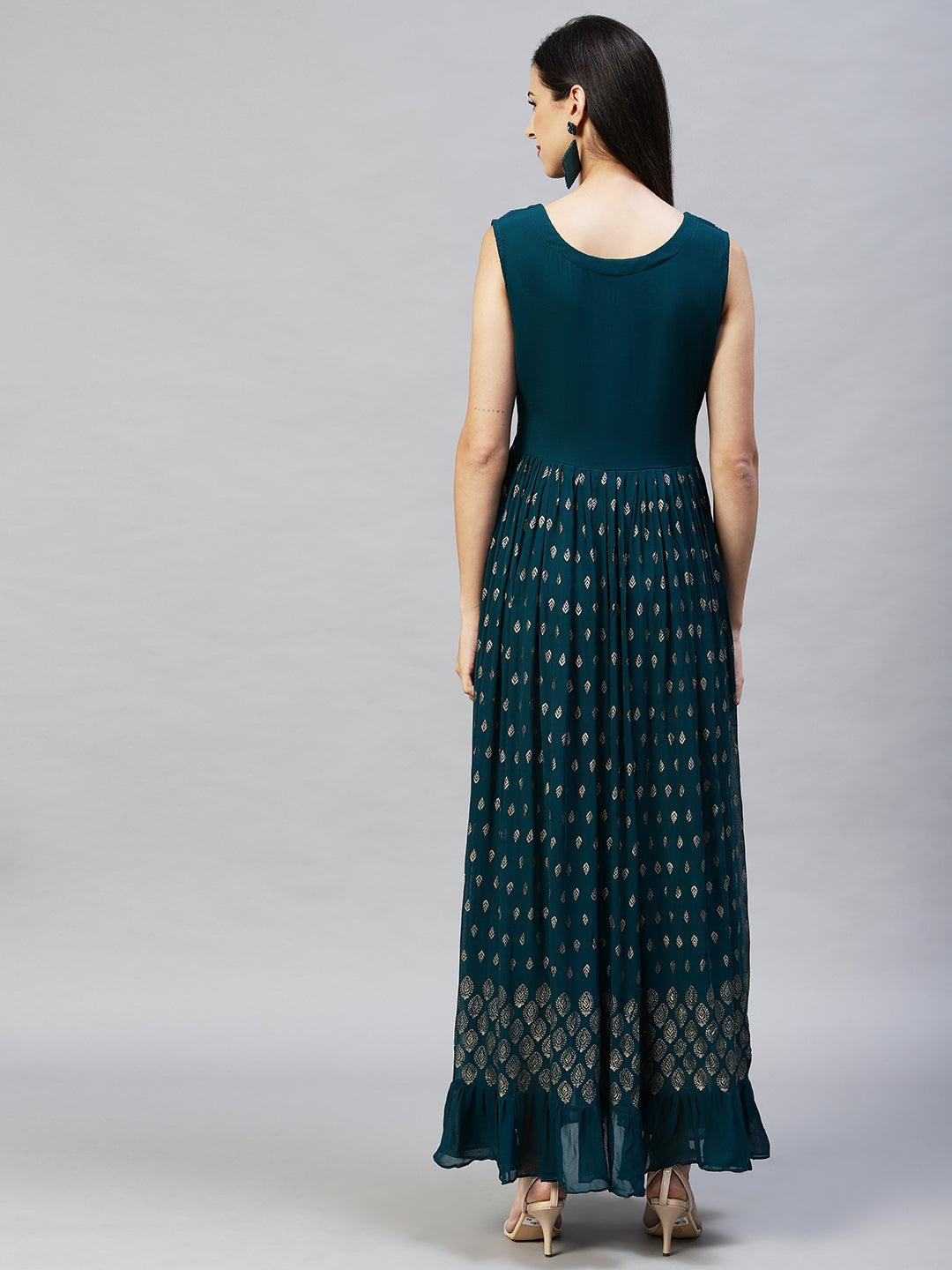 Ethnic Embroidered Flared Maxi Dress - Teal Green - Indiakreations