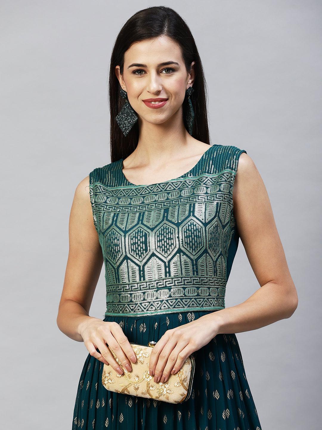 Ethnic Embroidered Flared Maxi Dress - Teal Green - Indiakreations