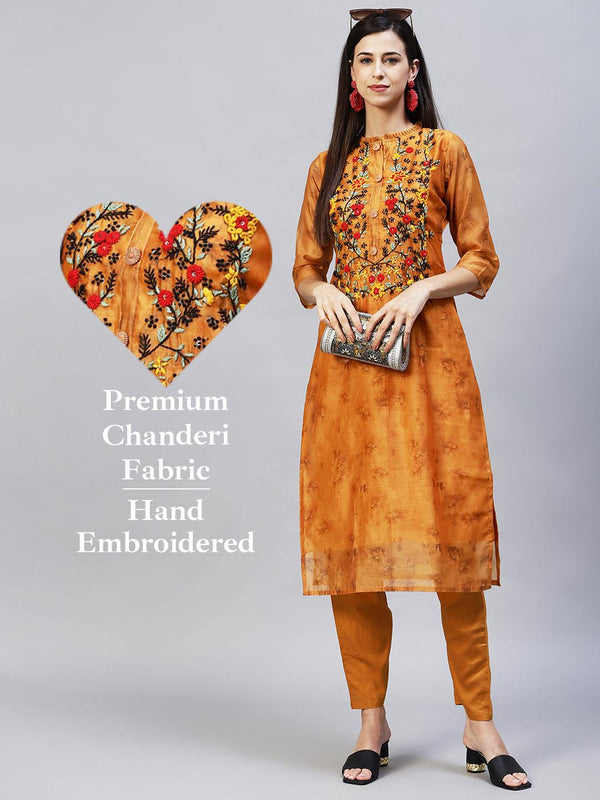 Abstract Printed & Hand Embroidered Straight Kurta with Pants – Mustard - Indiakreations