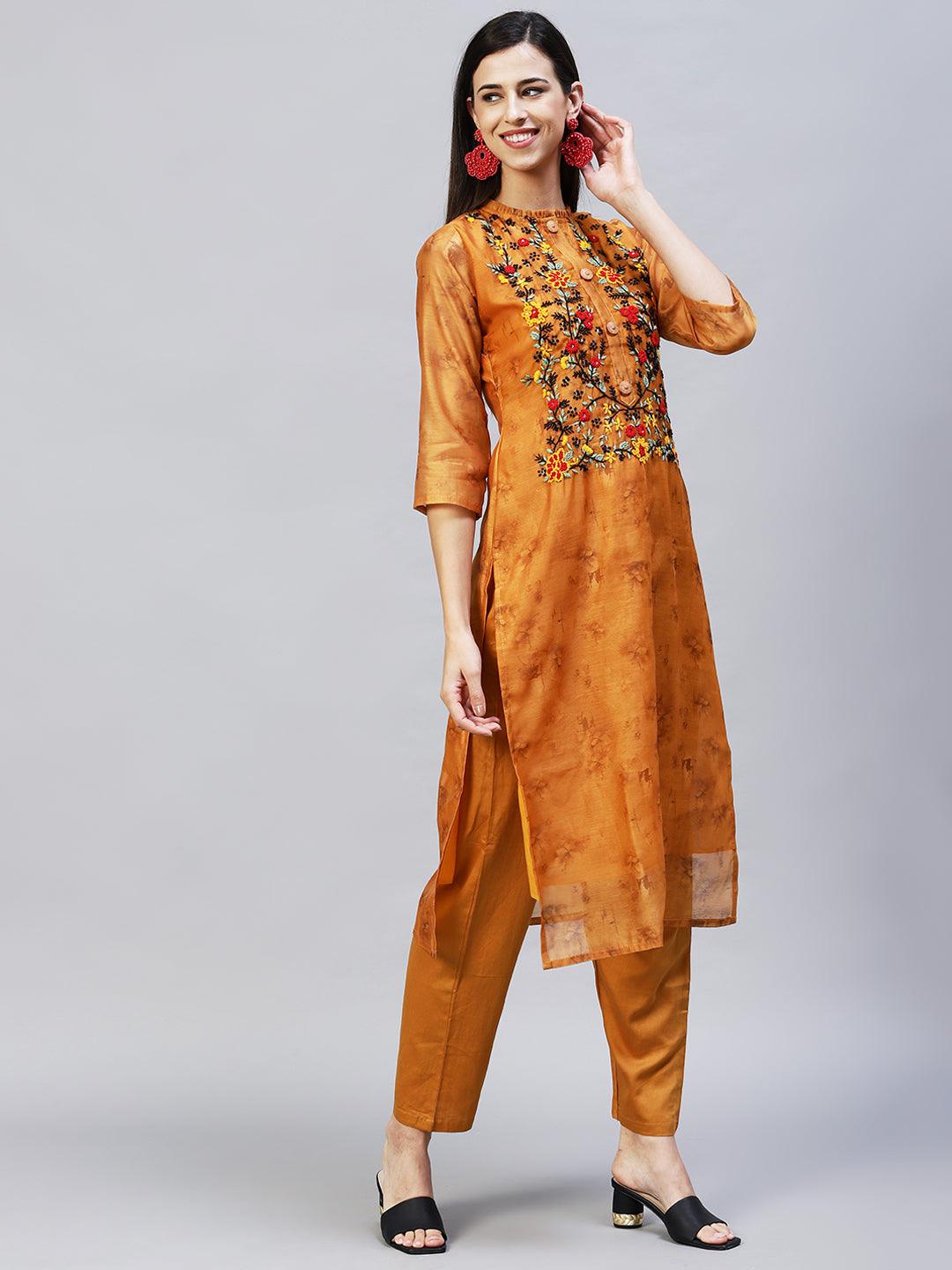 Abstract Printed & Hand Embroidered Straight Kurta with Pants – Mustard - Indiakreations