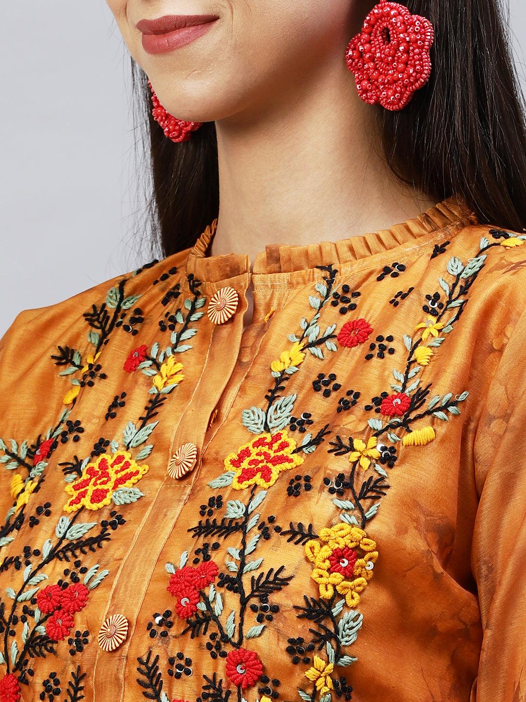 Abstract Printed & Hand Embroidered Straight Kurta with Pants – Mustard - Indiakreations