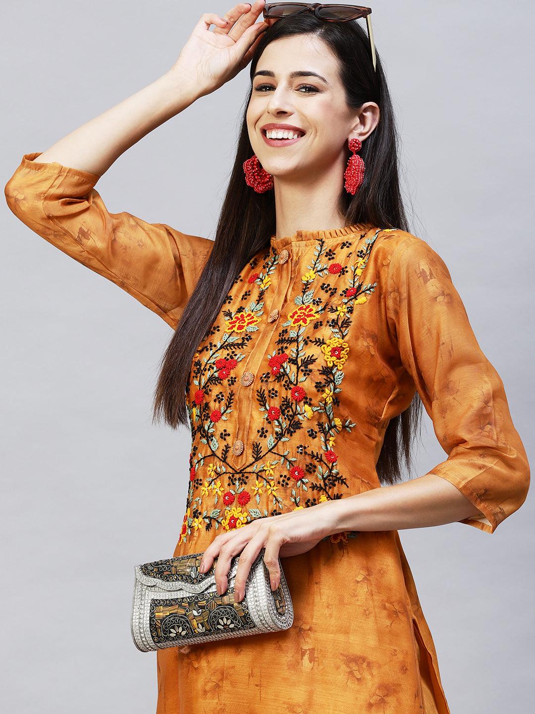 Abstract Printed & Hand Embroidered Straight Kurta with Pants – Mustard - Indiakreations