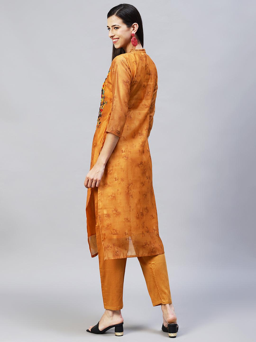 Abstract Printed & Hand Embroidered Straight Kurta with Pants – Mustard - Indiakreations