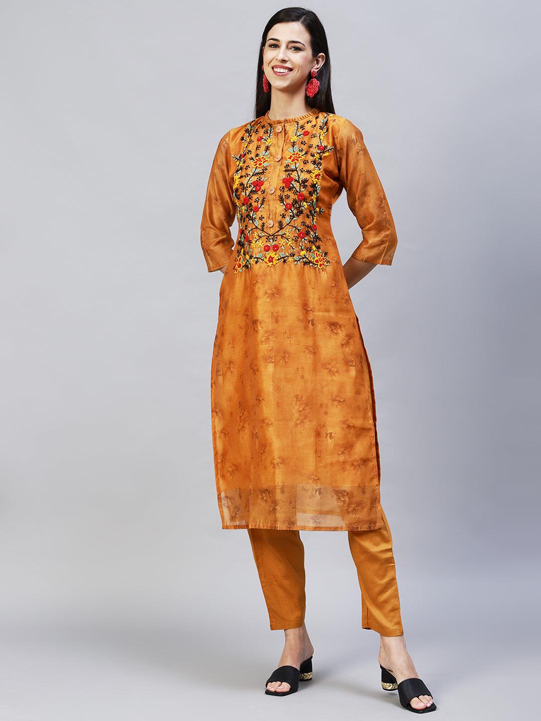 Abstract Printed & Hand Embroidered Straight Kurta with Pants – Mustard - Indiakreations