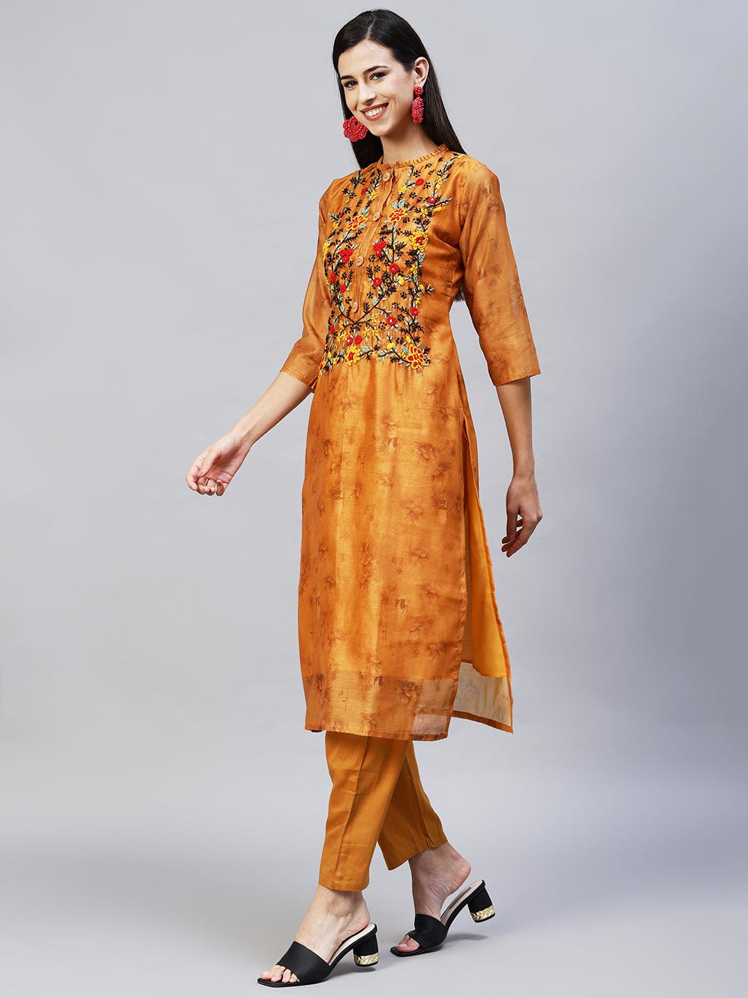 Abstract Printed & Hand Embroidered Straight Kurta with Pants – Mustard - Indiakreations