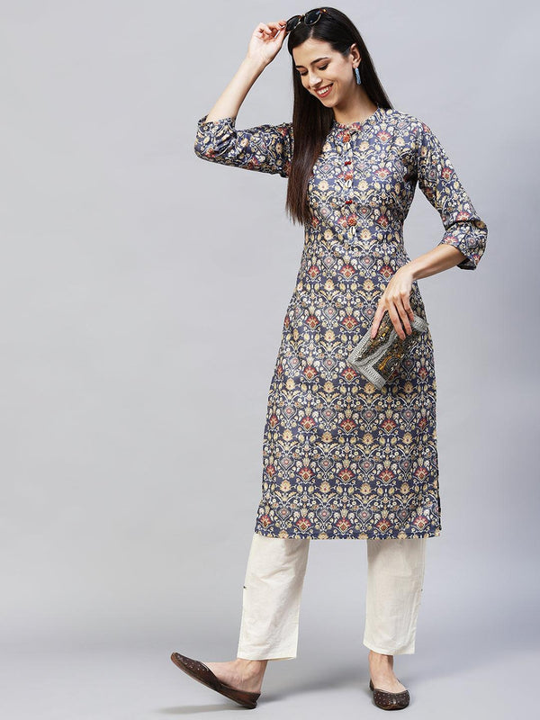 Ethnic Printed Straight Fit Kurta with Pants – Dark Gray - Indiakreations