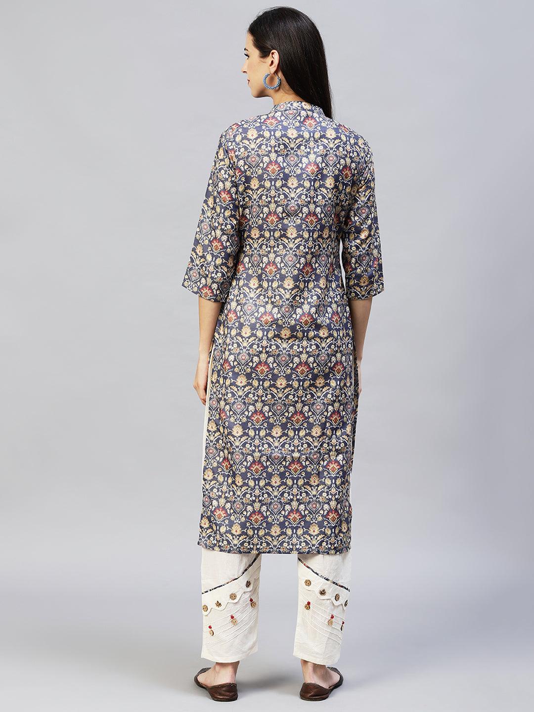 Ethnic Printed Straight Fit Kurta with Pants – Dark Gray - Indiakreations