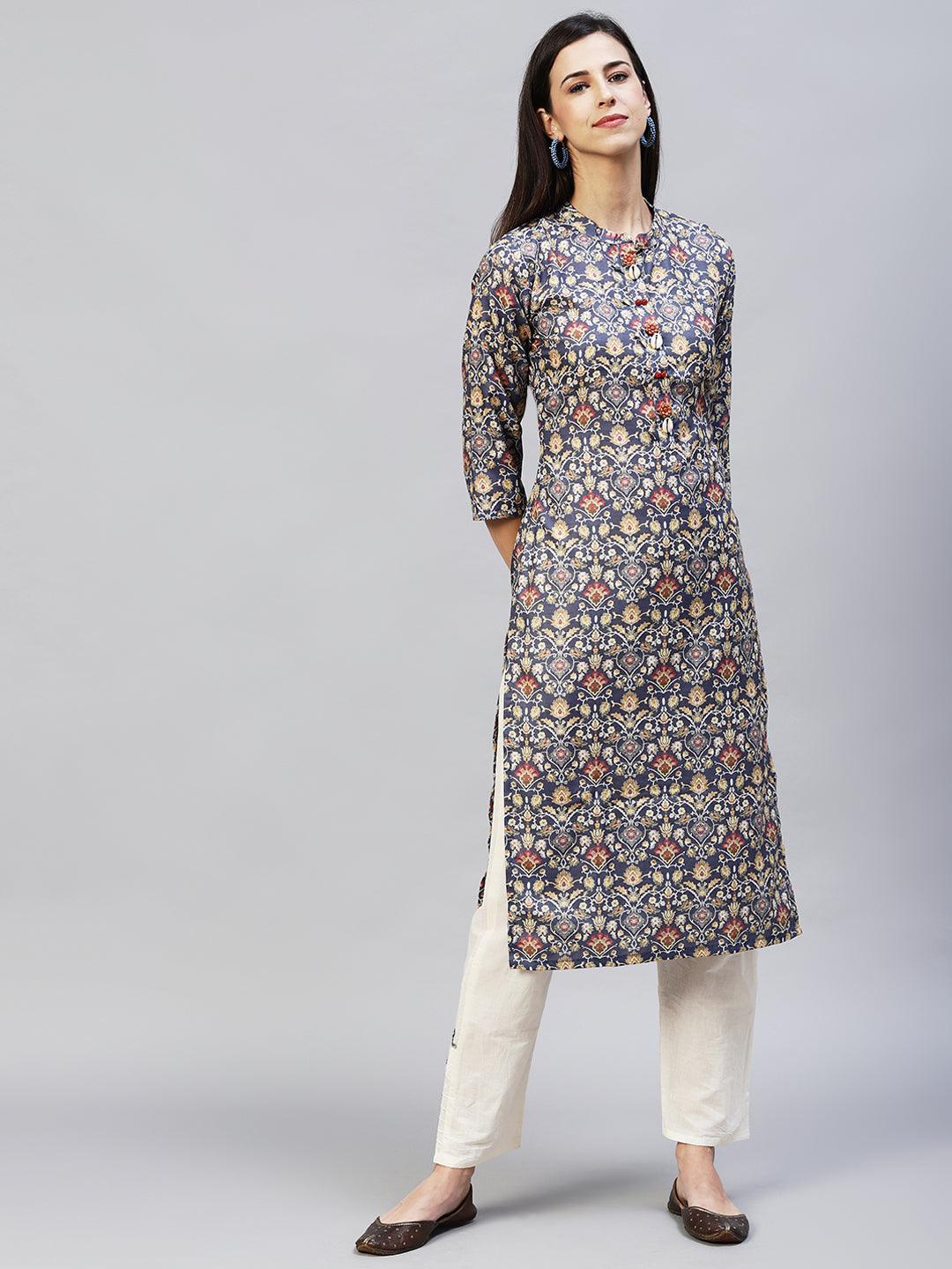 Ethnic Printed Straight Fit Kurta with Pants – Dark Gray - Indiakreations