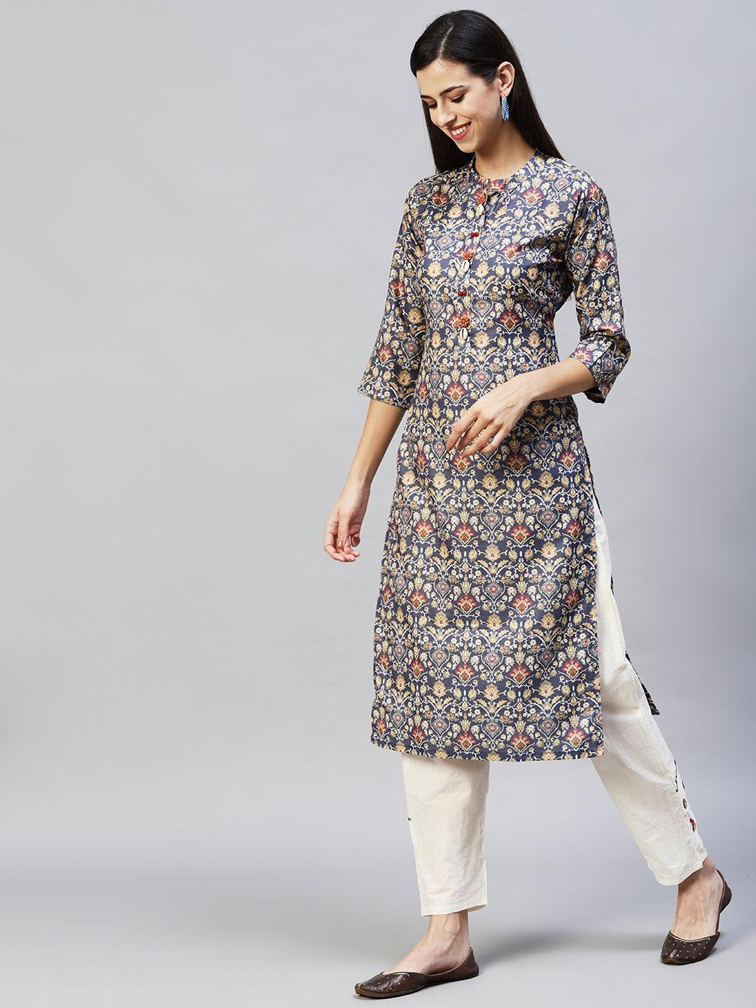 Ethnic Printed Straight Fit Kurta with Pants – Dark Gray - Indiakreations