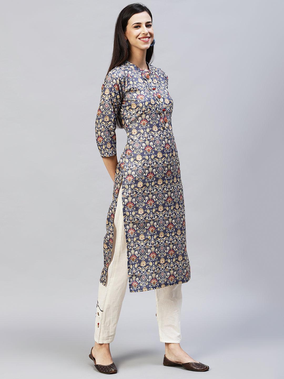 Ethnic Printed Straight Fit Kurta with Pants – Dark Gray - Indiakreations