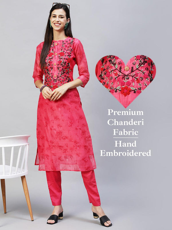 Abstract Printed & Hand Embroidered Straight Kurta with Pants - Pink - Indiakreations