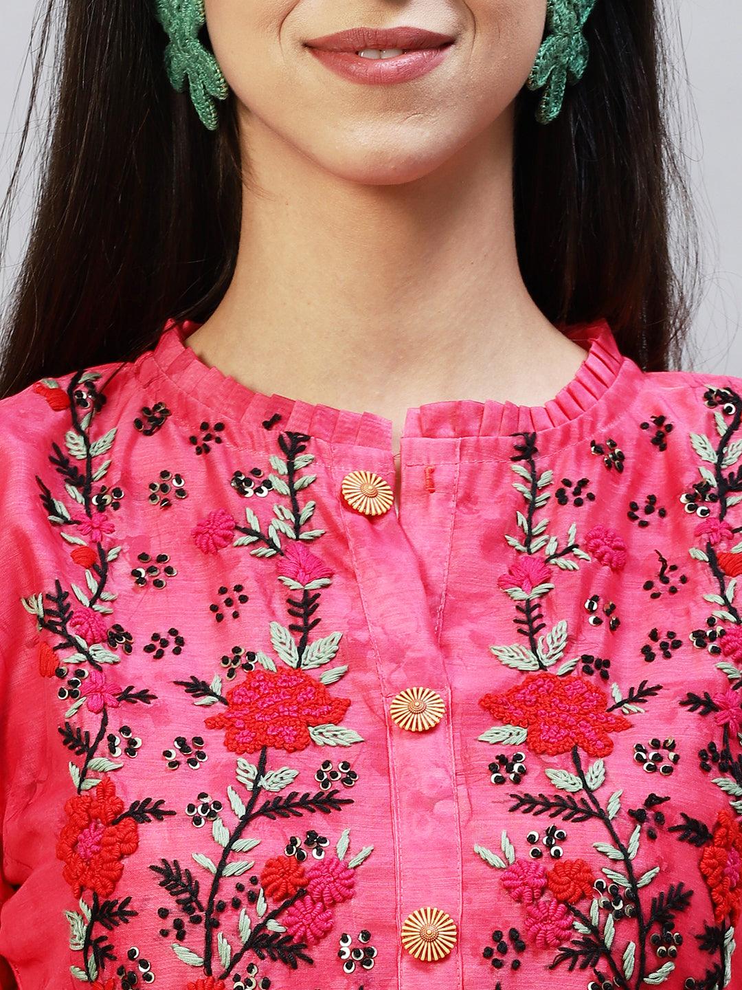 Abstract Printed & Hand Embroidered Straight Kurta with Pants - Pink - Indiakreations