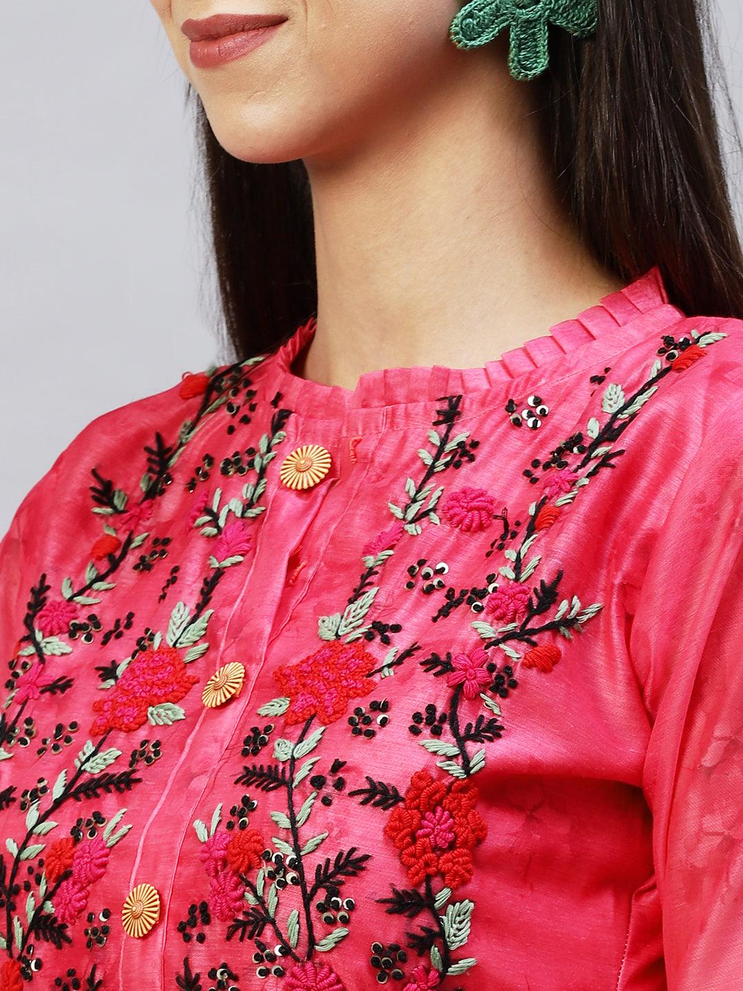 Abstract Printed & Hand Embroidered Straight Kurta with Pants - Pink - Indiakreations