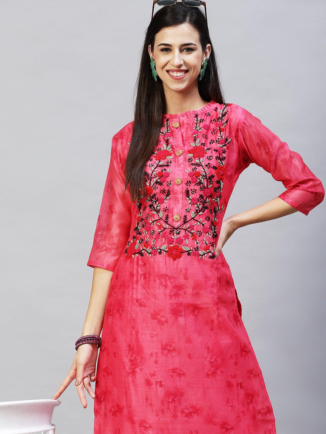 Abstract Printed & Hand Embroidered Straight Kurta with Pants - Pink - Indiakreations